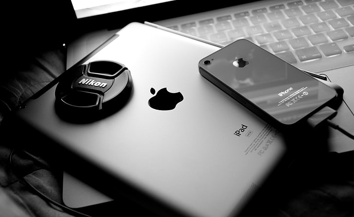 silver iPad och iPhone 4, Apple Inc., iPhone, Nikon, iPad, teknik, MacBook, svartvitt, HD tapet