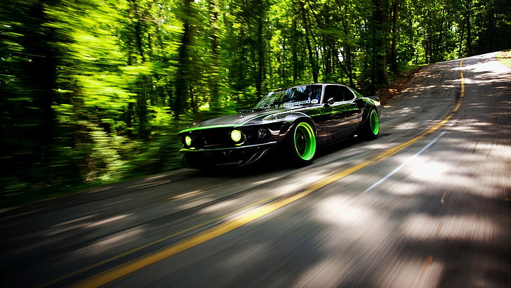 black and green sports coupe, car, Ford Mustang, Ford Mustang RTR-X, road, motion blur, Shelby Cobra, vehicle, HD wallpaper