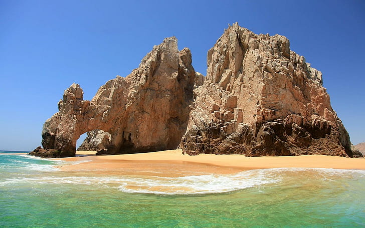 nature, landscape, beach, sea, sand, rock, arch, blue, sky, Mexico, HD wallpaper