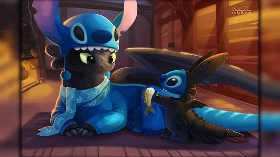 Toothless and Stitch, Lilo and Stitch, dragon, Toothless, How to Train Your Dragon, Stitch, HD wallpaper HD wallpaper