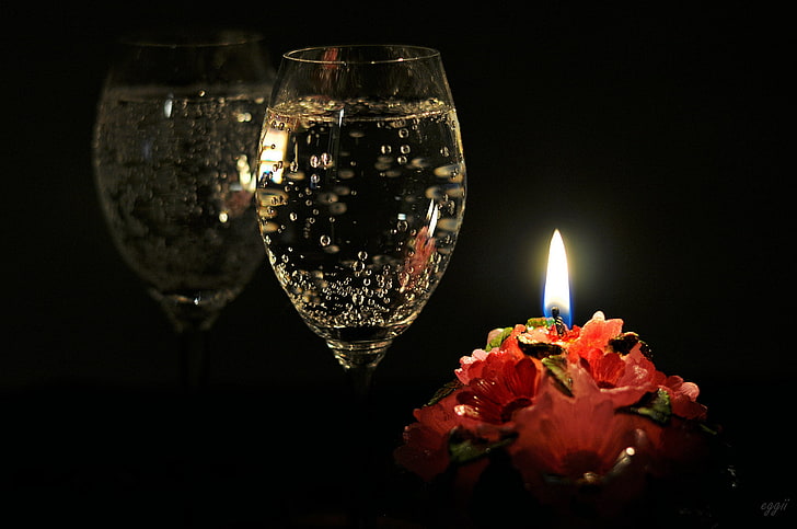맑은 잔, 반사, 유리, 촛불, 샴페인, HD 배경 화면