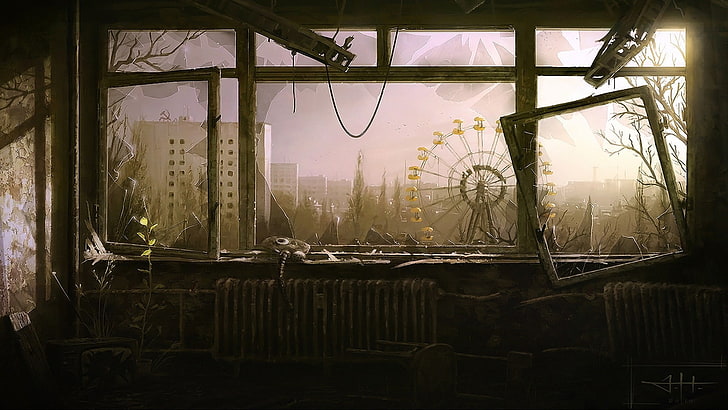 ferris wheel wallpaper, artwork, Chernobyl, abandoned, ferris wheel, broken glass, sunlight, apocalyptic, ruins, Pripyat, HD wallpaper
