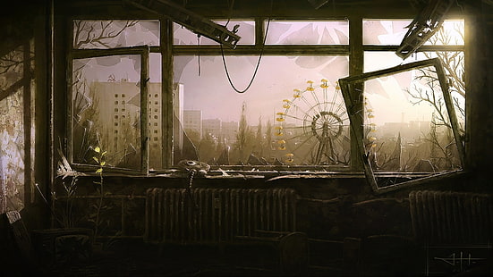 tapeta diabelskiego młyna, dzieło sztuki, Czarnobyl, opuszczony, diabelski młyn, rozbite szkło, światło słoneczne, apokaliptyczny, ruiny, Prypeć, Tapety HD HD wallpaper