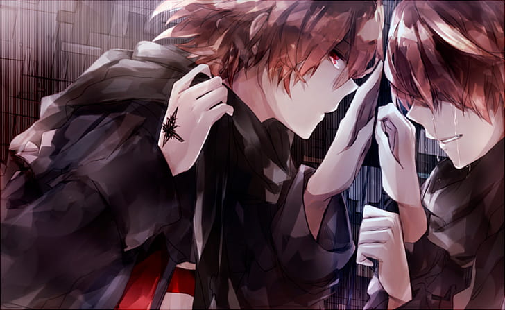 anime, Guilty Crown, mirror, reflection, crying, Male, anime boys, scarf, sad, HD wallpaper