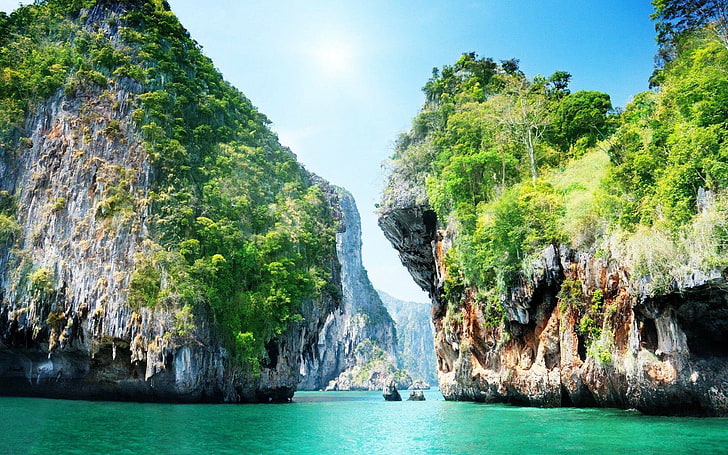 zielone i szare wyspy, przyroda, krajobraz, woda, Tajlandia, drzewa, Tapety HD