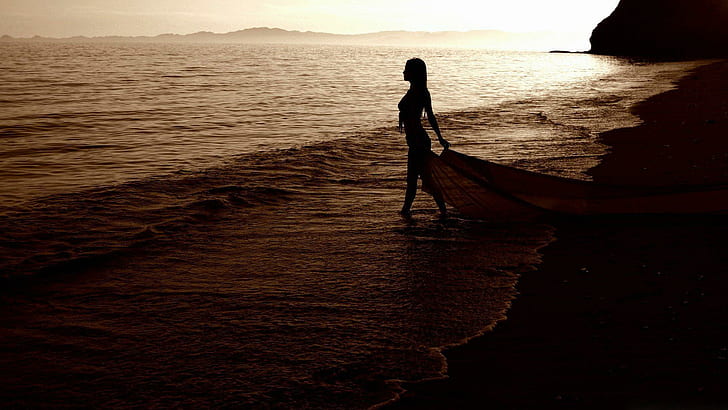 Woman walking, silhouette of woman, photography, 1920x1080, sand, woman, HD wallpaper