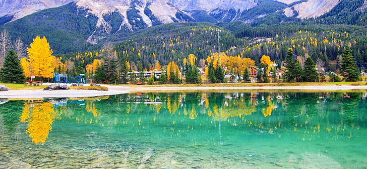 corpo de água, natureza, paisagem, montanhas, floresta, Canadá, árvores, outono, água, reflexão, HD papel de parede