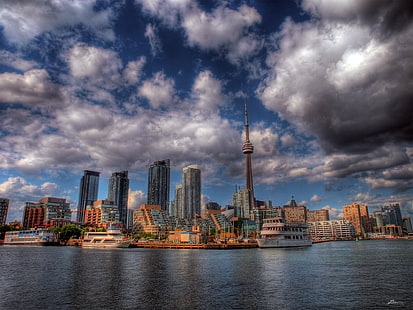 landscape photography of buildings and skyscraper under cloudy sky, toronto, toronto, landscape photography, buildings, skyscraper, cloudy, sky  city, sky  lake, toronto  water, clouds, boats, outdoors, downtown, soe, hdr, dex, flickr, flicker, flikr, flick, collection, colours, colour, colors, color, pages, photoshop, google, yahoo, msn, beauty, beautiful, brilliant, sensational, amazing, best, top, hot, photography, photograph, photos, photo, exposure, pics, pix, pic, images, image, screen  savers, clipart, art, thumbnails, thumb, digital  graphics, urban Skyline, cityscape, architecture, urban Scene, city, downtown District, sky, famous Place, river, tower, night, built Structure, building Exterior, dusk, blue, sunset, reflection, office Building, modern, cloud - Sky, panoramic, waterfront, city Life, HD wallpaper HD wallpaper