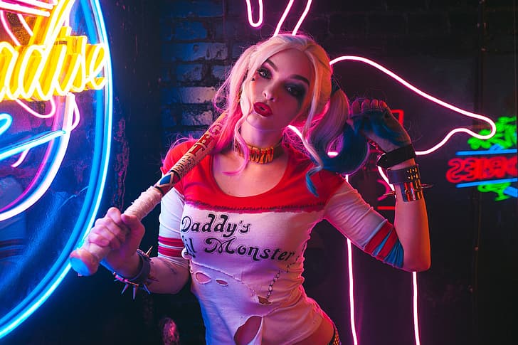 girl, pose, neon, cosplay, baseball bat, Harley Quinn, Sergey Rodichkin, HD wallpaper