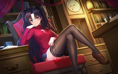  Fate Series, Tohsaka Rin, zettai ryouiki, twintails, anime, anime girls, blue eyes, black stockings, HD wallpaper HD wallpaper