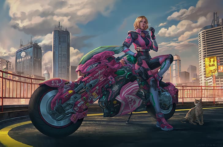 motocyklista, dziewczyna motocyklisty, cyberpunk, dziewczyna-kot, Tapety HD