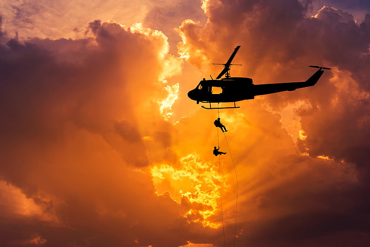 the sky, flight, dawn, spinner, silhouette, helicopter, bokeh, landing, Bell, UH-1, Iroquois, Huey, wallpaper., beautiful background, HD wallpaper