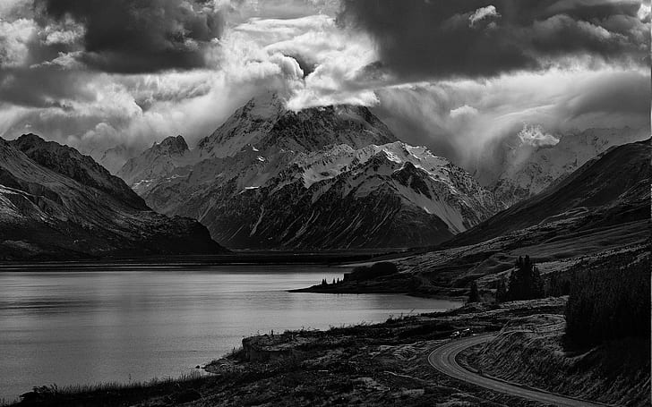 nature landscape lake mountain road clouds monochrome scotland trees snowy peak dark, HD wallpaper