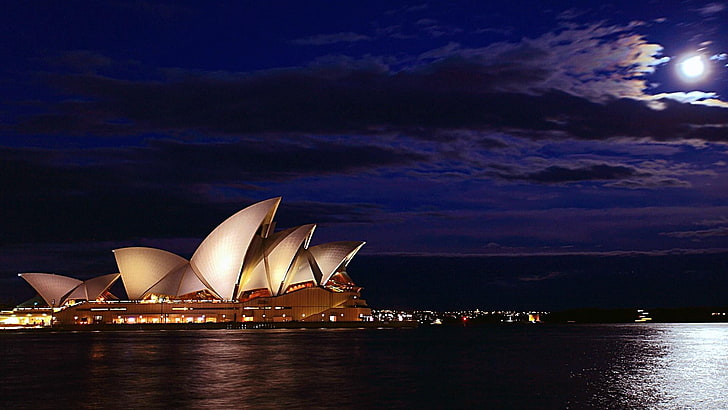 оперни къщи, мост, пристанище, Сидни, Австралия, нощ, луна, HD тапет