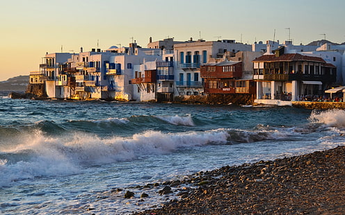 пляжи, здания, греция, дома, миконос, природа, океан, курорт, море, тропик, вилла, волны, HD обои HD wallpaper