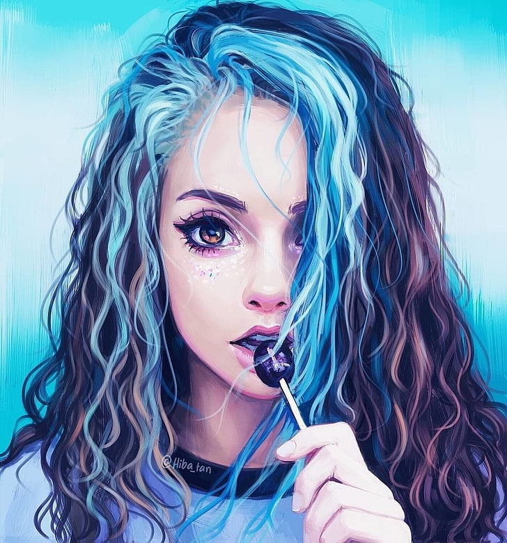 Kunstwerk, Zeichnung, blauer Hintergrund, blaues Haar, Lutscher, Frauen, Betrachter betrachtend, HD-Hintergrundbild, Handy-Hintergrundbild