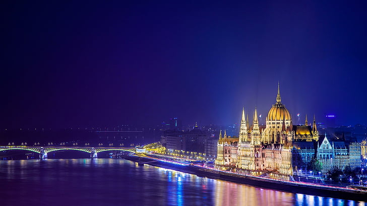 Унгария, Будапеща, парламент, Дунав, река, мост, нощ, градски пейзаж, нощни светлини, светлини, природа, HD тапет