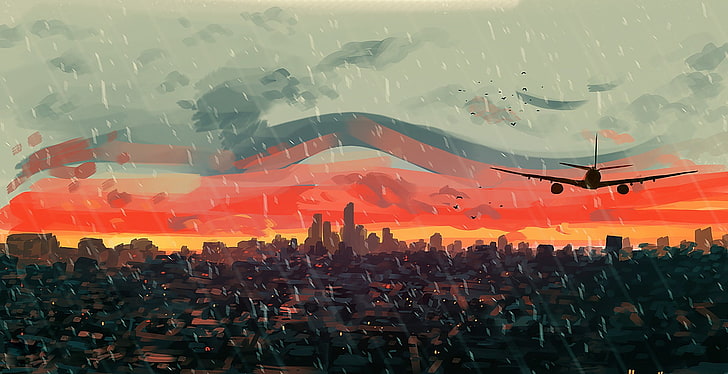 samolot nad cyfrową tapetą wieżowca, dzieło sztuki, ilustracja, zachód słońca, niebo, samolot, Tapety HD