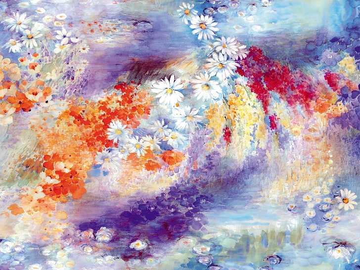 pintura de flores brancas, padrões, linhas, brilhante, cores, HD papel de parede
