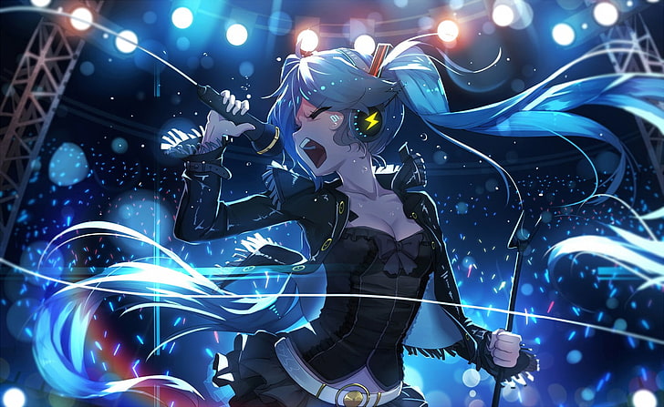 Hatsune Miku digital wallpaper, anime, anime girls, Vocaloid, Hatsune Miku, headphones, microphone, blue hair, long hair, concerts, HD wallpaper