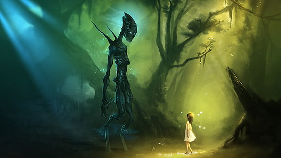 dziewczyna stojąca przed potworem w lesie cyfrowa tapeta, sztuka fantasy, dzieci, las, istota, Tapety HD HD wallpaper