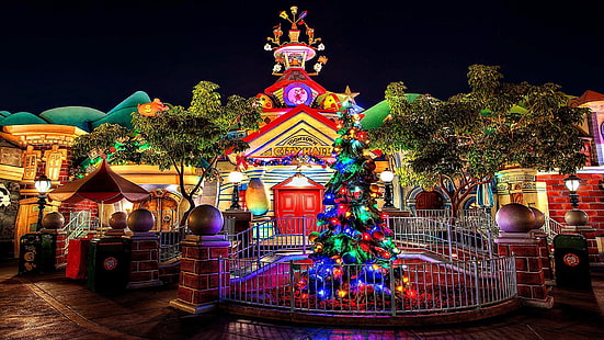 Noel, Noel ağacı, lunapark, Turistik, gece, Yılbaşı dekorasyonu, aydınlatma, Noel ışıkları, eğlence, Toontown, Belediye binası, Disneyland, Kaliforniya, Anaheim, Amerika Birleşik Devletleri, HD masaüstü duvar kağıdı HD wallpaper