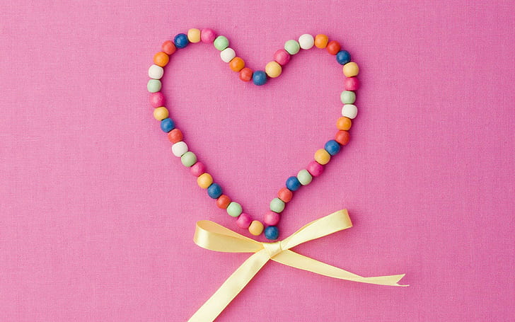 Colorful Beads, girl's pink, white and blue beaded bracelet, beads, ribbon, heart, colorful, 3d and abstract, HD wallpaper