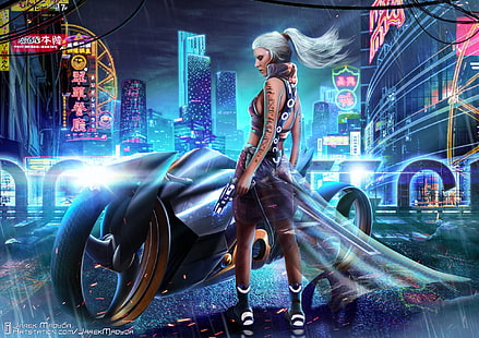 خيال علمي ، Cyberpunk ، مستقبلي ، فتاة ، دراجة نارية ، مركبة، خلفية HD HD wallpaper