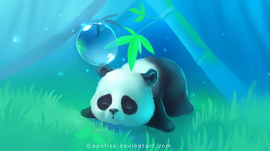 white and black panda illustration, grass, tree, lights, Panda, sleeping, lies, bubble, apofiss, HD wallpaper HD wallpaper