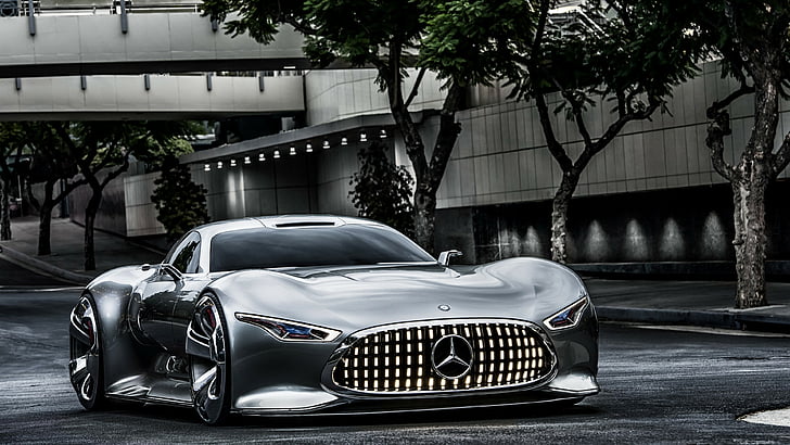 grey Mercedes-Benz luxury car on grey asphalt road, Mercedes-Benz AMG Vision, 5k, 4k wallpaper, supercar, Gran Turismo, concept, Mercedes, 2015 car, silver, front, test drive, HD wallpaper
