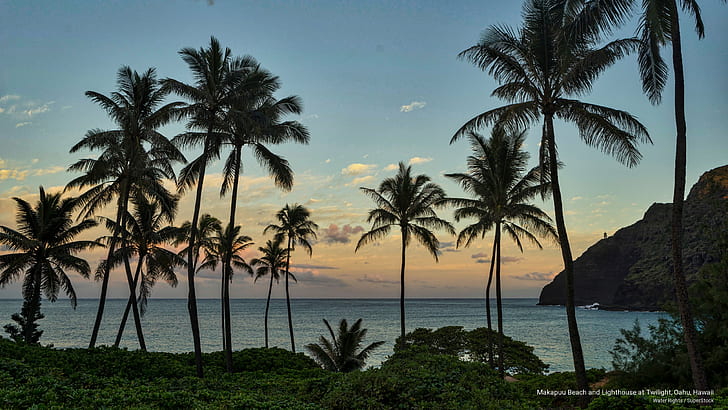 Пляж Макапуу и маяк в сумерках, Оаху, Гавайи, острова, HD обои