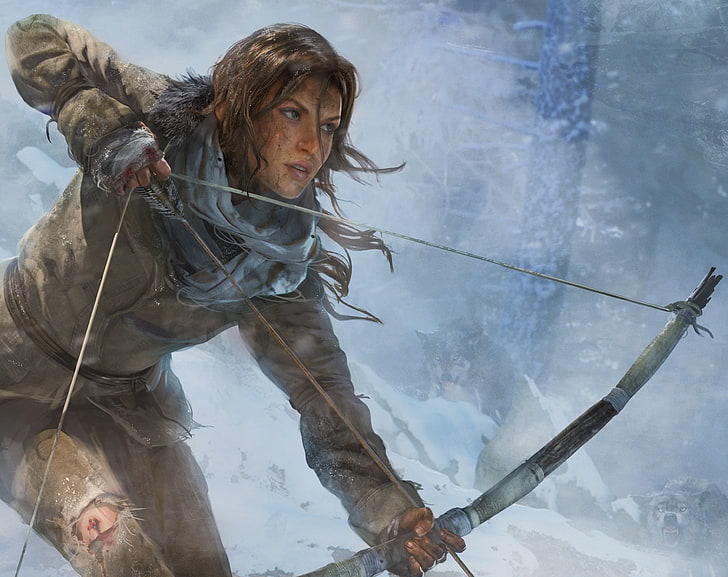 Tomb Raider Konsept Sanat Yükselişi, Tomb Raider Lara Croft dijital duvar kağıdı, Oyunlar, Tomb Raider, Kış, Ok, Oyun, Kurt, video oyunu, Av, Lara croft, konsept sanat, 2015, tomb raider yükselişi, HD masaüstü duvar kağıdı