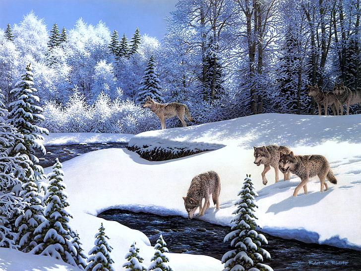pack of brown wolves painting, winter, frost, animals, snow, river, wolves, painting, tree, fairy forest, On the Prowl, wolf pack, Robert A. Richert, HD wallpaper