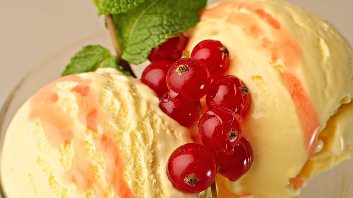 red berries, currant, ice-cream, balls, macro, mint, HD wallpaper