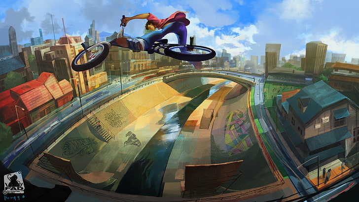boy riding BMX bike wallpaper, bicycle, jumping, skatepark, HD wallpaper