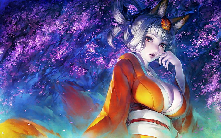 Inari Kitsune Kongiku, personagem de anime garota vestindo quimono laranja, kitsunemimi, oboro muramasa, kongiku, fêmea, jogo, orelhas de animais, jogos, quimono, videogames, quimono, HD papel de parede