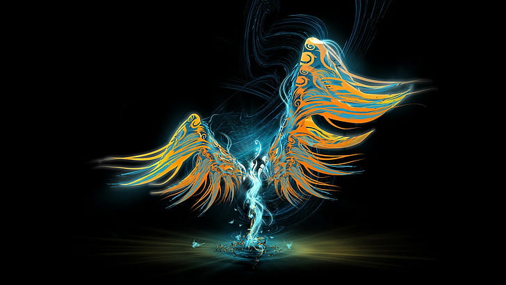 angel lights dark background wings fire, HD wallpaper