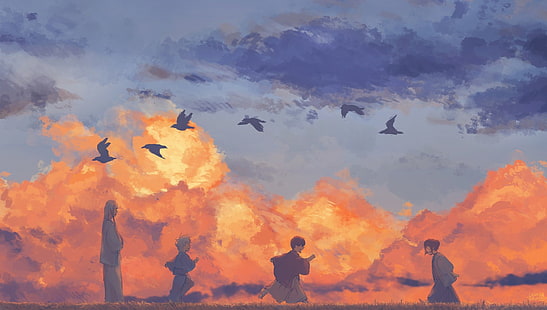Ilustración de silueta de personas y pájaros, Gintama, Takasugi Shinsuke, Katsura Kotarou, Sakata Gintoki, Yoshida Shouyou, anime, Fondo de pantalla HD HD wallpaper