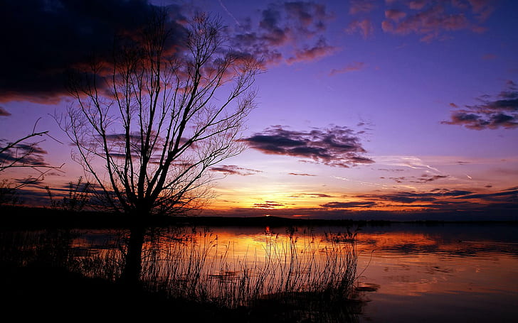 Sunset berwarna-warni, air, danau, alam, warna, matahari terbenam, awan, 3d dan abstrak, Wallpaper HD