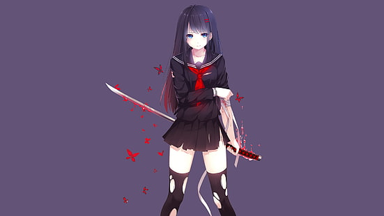 женщина держит меч обои, аниме девушки, аниме, меч, школьная форма, оригинальные персонажи, фиолетовый фон, черные волосы, длинные волосы, кровь, голубые глаза, рваная одежда, бедра, HD обои HD wallpaper