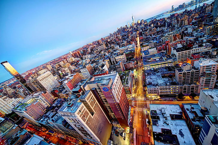 New York City, Manhattan, มุมมองทางอากาศของอาคารสูง, Chelsea Stratus, New York City, Midtown, Manhattan, USA, ตอนเย็น, ตึกระฟ้า, หลังคา, อาคาร, ไฟ, ถนน, เมือง, พาโนรามา, วอลล์เปเปอร์ HD