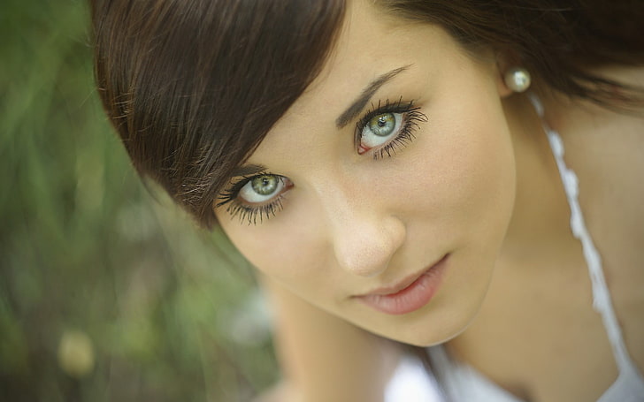 brunette, women, green eyes, HD wallpaper