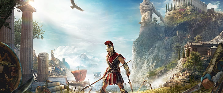 video games, Video Game Art, Assassin's Creed Odyssey, Greece, ancient greece, Spartans, mythology, ultrawide, ultra-wide, Assassin's Creed, Alexios, HD wallpaper