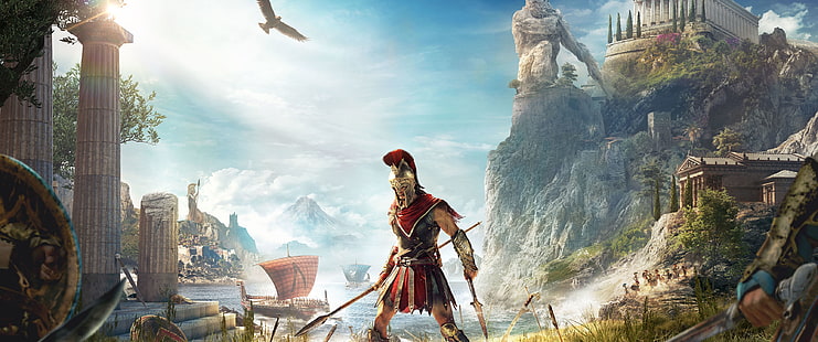 videospel, Videospelkonst, Assassin's Creed Odyssey, Grekland, antika Grekland, Spartaner, mytologi, ultrawide, ultra-wide, Assassin's Creed, Alexios, HD tapet HD wallpaper