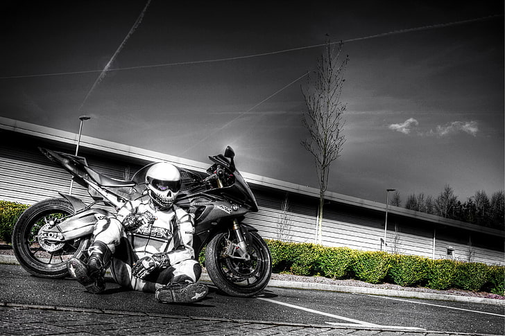 black sport bike, sport, BMW, bike, motorcyclist, S1000RR, HD wallpaper