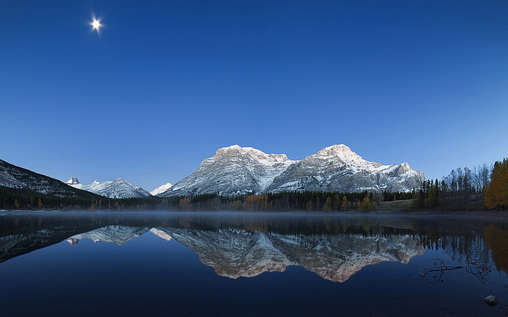 Alberta, automne, pays, automne, lacs, paysage, lune, montagnes, réflexion, ciel, arbres, Fond d'écran HD