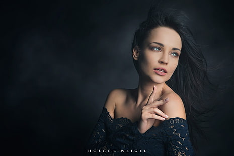 Angelina Petrova, bare shoulders, women, model, simple background, portrait, face, looking away, holger weigel, HD wallpaper HD wallpaper