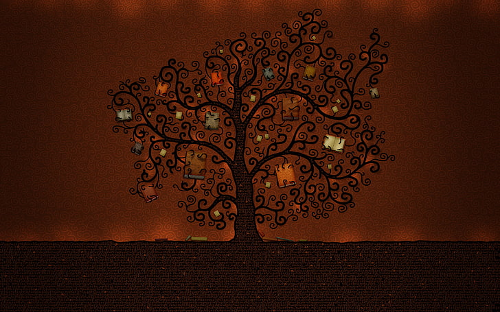 tree illustration, letters, tree, books, HD wallpaper