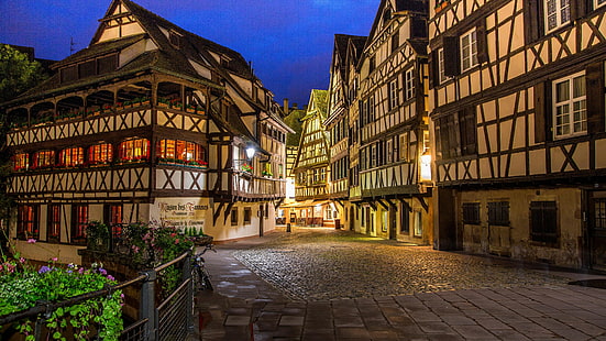 tourist attraction, europe, timbered, timber house, ill canal, timbered house, half timbered house, half-timbered house, france, cityscape, facade, restaurant, strasbourg, eu, building, evening, night, sky, tanners house, street, maison des tanneurs, city, HD wallpaper HD wallpaper