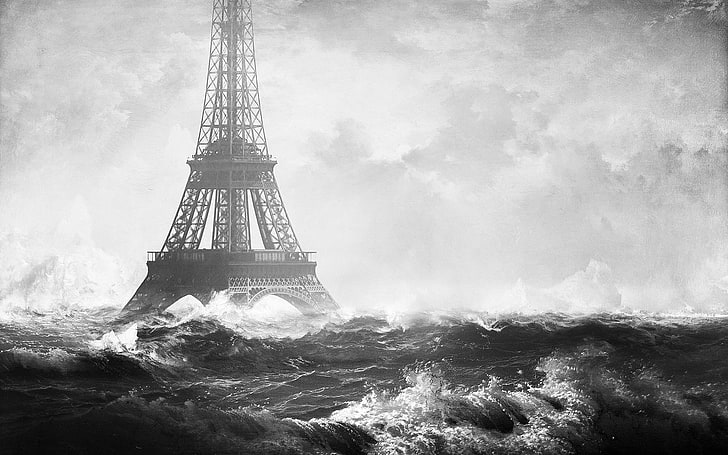 Эйфелева башня, фото-манипуляции, вода, шторм, наводнение, волны, серый, монохромный, HD обои